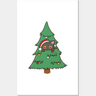 Cute Cat Hiding In Christmas Tree Posters and Art